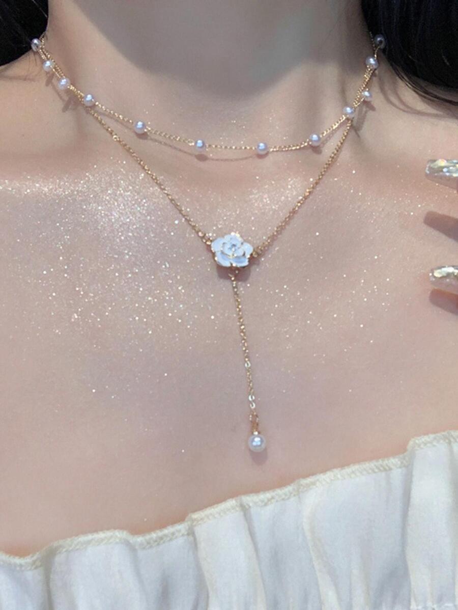 Flower & Faux Pearl Decor Y Lariat Necklace