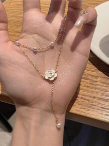 Flower & Faux Pearl Decor Y Lariat Necklace - Multicolor - View 3
