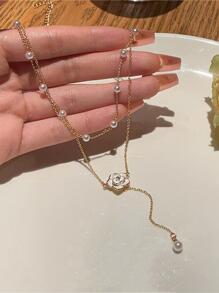 Flower & Faux Pearl Decor Y Lariat Necklace - Multicolor - View 4
