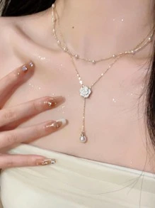 Flower & Faux Pearl Decor Y Lariat Necklace - Multicolor - View 6