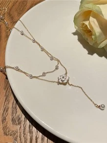 Flower & Faux Pearl Decor Y Lariat Necklace - Multicolor - View 7