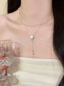 Flower & Faux Pearl Decor Y Lariat Necklace - Multicolor - View 5