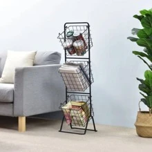 3-Tier Metal Wire Storage Basket Stand with Removable Baskets – Black - Black - View 2