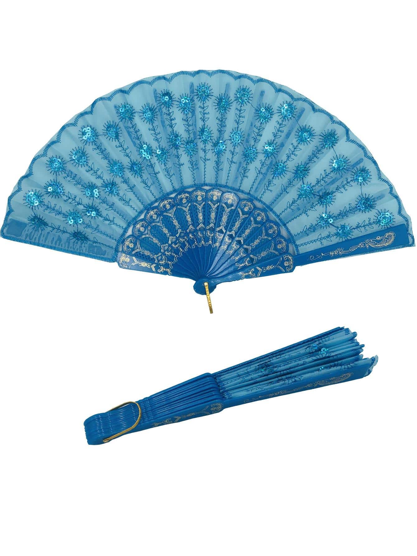 1pc Foldable Chinese Style Embroidery Plastic Ribs Sequin Light Blue Fabric Dance Lady Hand Fan - Baby Blue - View 1