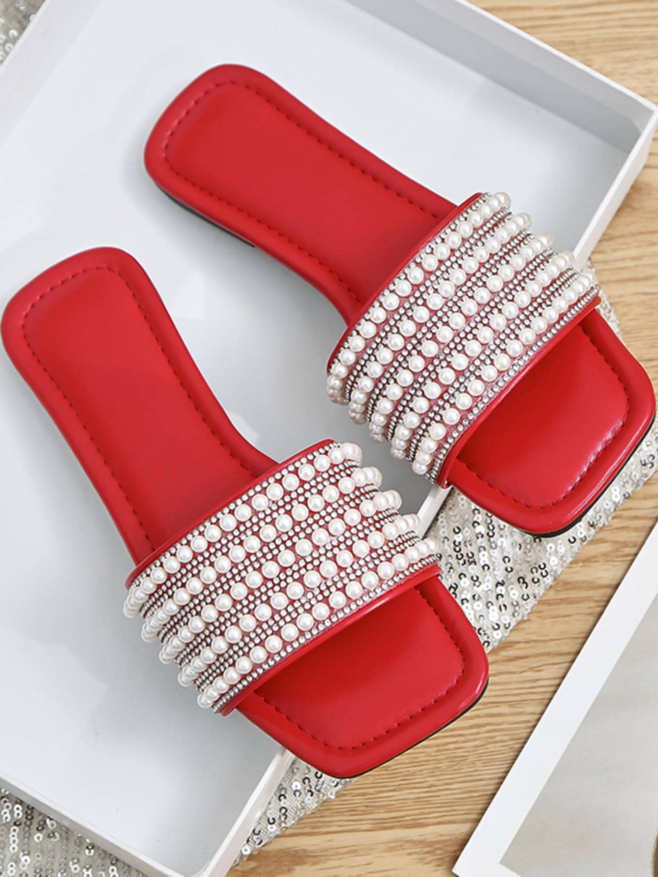 Glamorous Red Sandals For Women, Rhinestone & Faux Pearl Decor Slide Sandals - Red - View 1