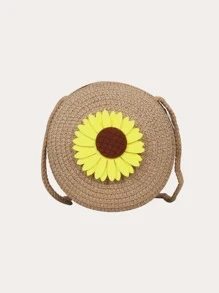 Yogodlns 向日葵裝飾圓形草編包女式編織斜背包沙灘包可愛藤條手工針織單肩包 - 卡其色 - 查看 4