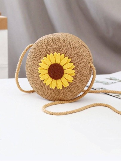 Yogodlns مزخرف بزهرة دوار الشمس مستدير حقيبة قش نساء منسوج حقيبة جنب حقيبة الشاطئ لطيفة الروطان صنع يدوي حياكة حقيبة كتف