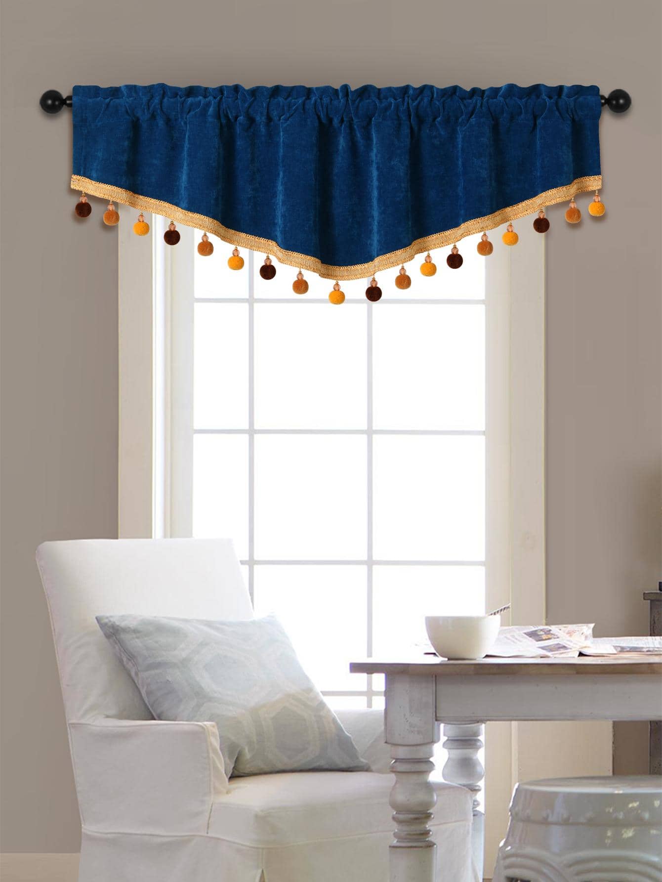 1pc Pom Pom Decor Window Valance - Blue - View 1