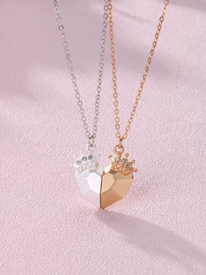2pcs Girls Heart & Crown Charm Magnetic Necklace As Friend's Gift