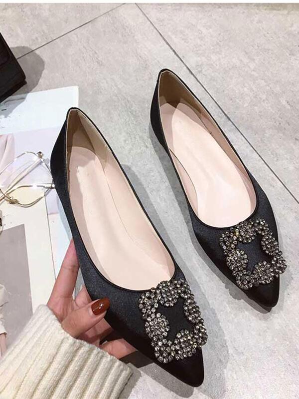 Women Rhinestone Decor Point Toe Flats, Glamorous Black Satin Ballet