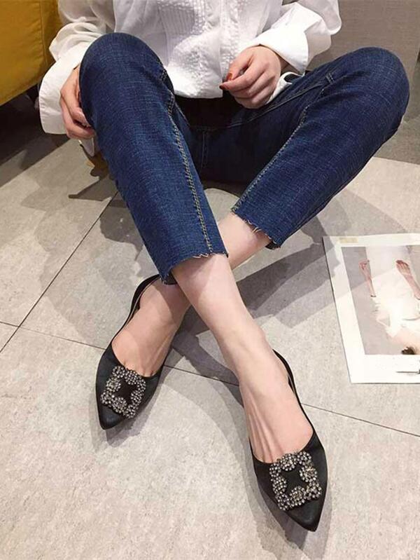 Women Rhinestone Decor Point Toe Flats, Glamorous Black Satin Ballet