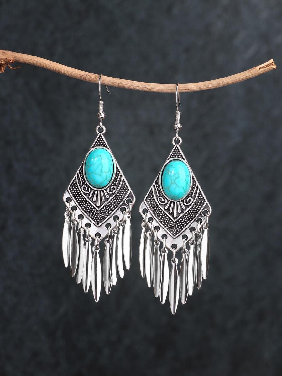 Turquoise Decor Geometric Drop Earrings - Antique Silver - View 1