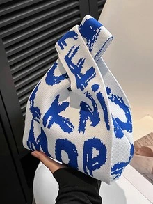 迷你字母圖案手提包雙把手時尚 - 藍白色 - 查看 6