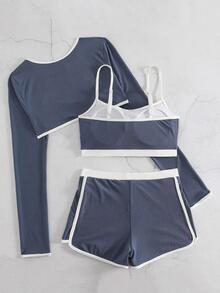 Contrast Binding Bikini With Cover Up Summer - Blue and White - View 2