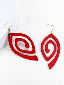 1 对木质镂空吊坠耳环，加大尺寸夸张个性耳环 - 紅色 - 查看 3