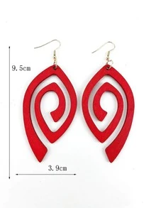 1 对木质镂空吊坠耳环，加大尺寸夸张个性耳环 - 紅色 - 查看 4
