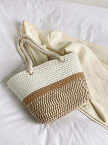 双色草编包中号双手柄度假书包大容量便携适合少女女大学生白领人士工作返校初中高中大学度假夏季度假包沙滩钱包夏季度假和日常使用的完美之选