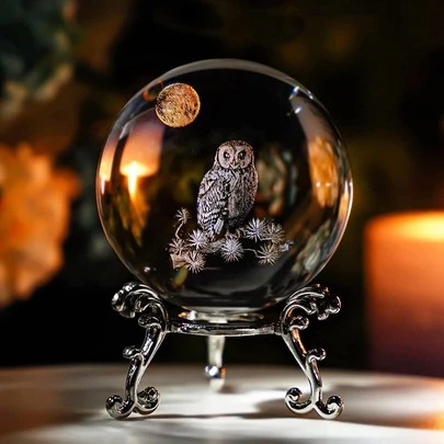 1 pieza Bola de cristal 3D de 60mm con diseño de búho tallado, bola de decoración del hogar de cristal transparente con base de metal plateado, regalo para amantes de los animales y los búhos