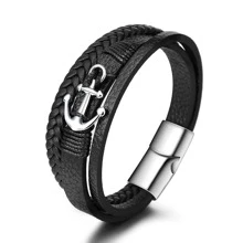 Pulsera Hombre Ancla Decoración Cuero Pu Color Plata - Plateado - Ver 1
