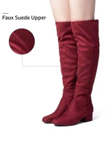 Women Knee High Boots Suede Chunky Heel Side Zipper Fashion Boots Stretch Over The Knee Boots Valentine's Day - 酒紅色 - 查看 5