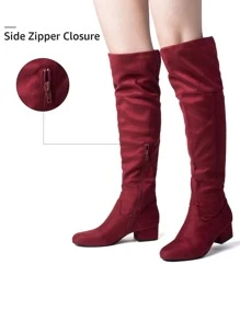Women Knee High Boots Suede Chunky Heel Side Zipper Fashion Boots Stretch Over The Knee Boots Valentine's Day - 酒紅色 - 查看 3