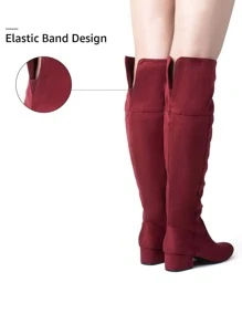 Women Knee High Boots Suede Chunky Heel Side Zipper Fashion Boots Stretch Over The Knee Boots Valentine's Day - 酒紅色 - 查看 4