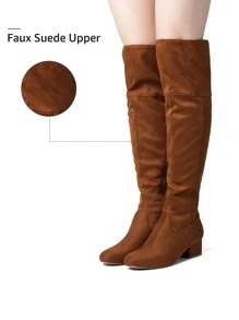 Women Knee High Boots Suede Chunky Heel Side Zipper Fashion Boots Stretch Over The Knee Boots Valentine's Day - 棕色 - 查看 5