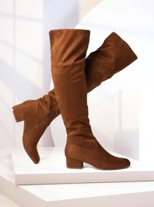 Women Knee High Boots Suede Chunky Heel Side Zipper Fashion Boots Stretch Over The Knee Boots Valentine's Day - 棕色 - 查看 1
