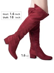 Women Knee High Boots Suede Chunky Heel Side Zipper Fashion Boots Stretch Over The Knee Boots Valentine's Day - 酒紅色 - 查看 2
