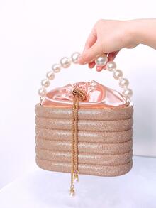 迷你粉色的水鑽和人造珍珠裝飾晚會包適合派對 - 珊瑚粉 - 查看 2