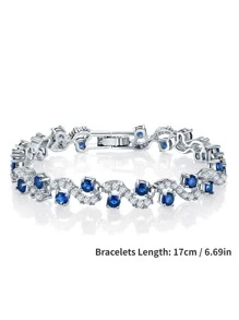 Blue Gemstone Silver Plated Bracelets 1pc Luxury Bridal Wedding Jewelry Cubic Zirconia Women Bracelets Engagement Anniversary Gift For Girlfriend Wife