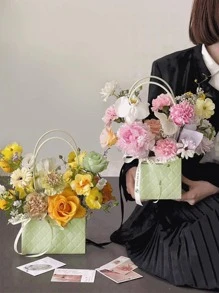 1pc Portable Kraft Paper Flower Box Waterproof Packaging Bag Handhold Rose Flower Shop Wedding Valentine'S Day Gift Wrapping Bag - Green - View 6