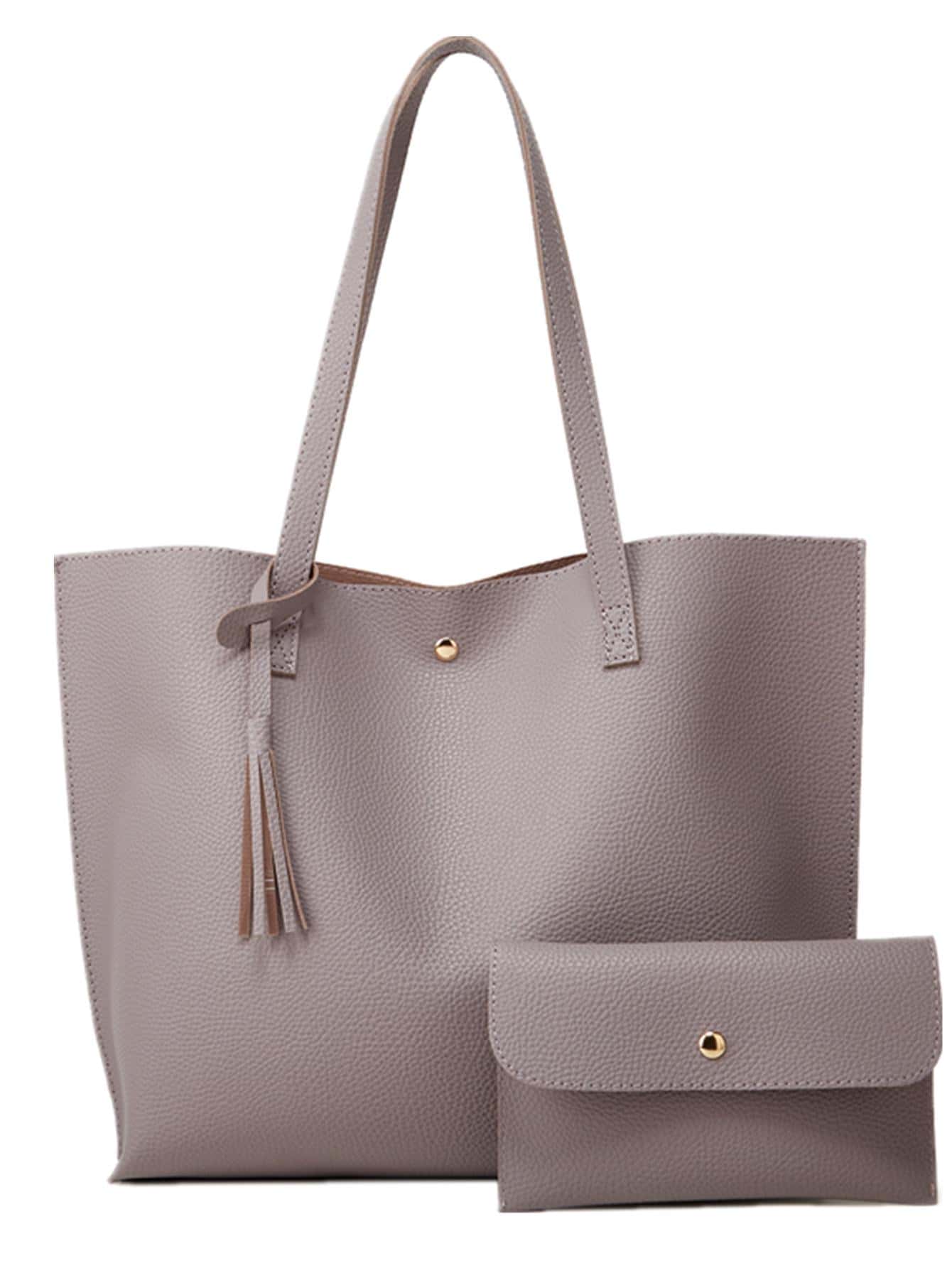 New Arrivals 2022 Tassels Tote & Shoulder Bag 2pcs/Set Plain Large Capacity Shopping Bag European And American Fashion Handbag - Mauve Purple - View 1