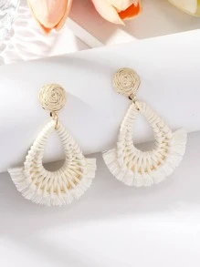 1雙波西m亞編織細節流蘇和水滴形耳墜適合女士日常裝飾 - 米色 - 查看 2