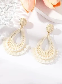 1雙波西m亞編織細節流蘇和水滴形耳墜適合女士日常裝飾 - 米色 - 查看 1