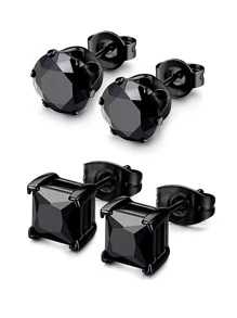 2對不鏽鋼男女夾子cz耳環,設有6mm黑色正方形水晶石和圓形水晶石 - 黑色 - 查看 1
