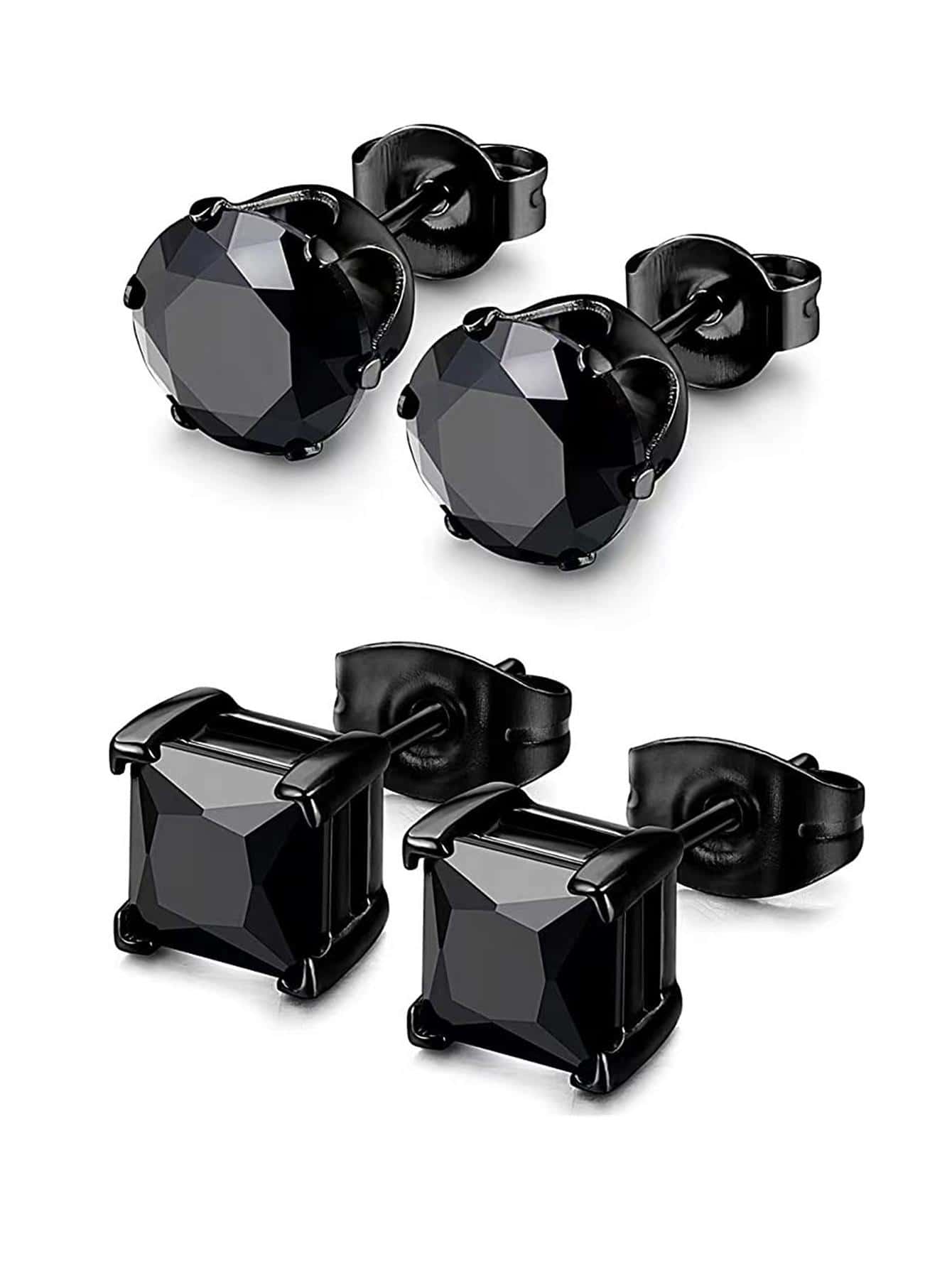 2對不鏽鋼男女夾子cz耳環,設有6mm黑色正方形水晶石和圓形水晶石 - 黑色 - 查看 1