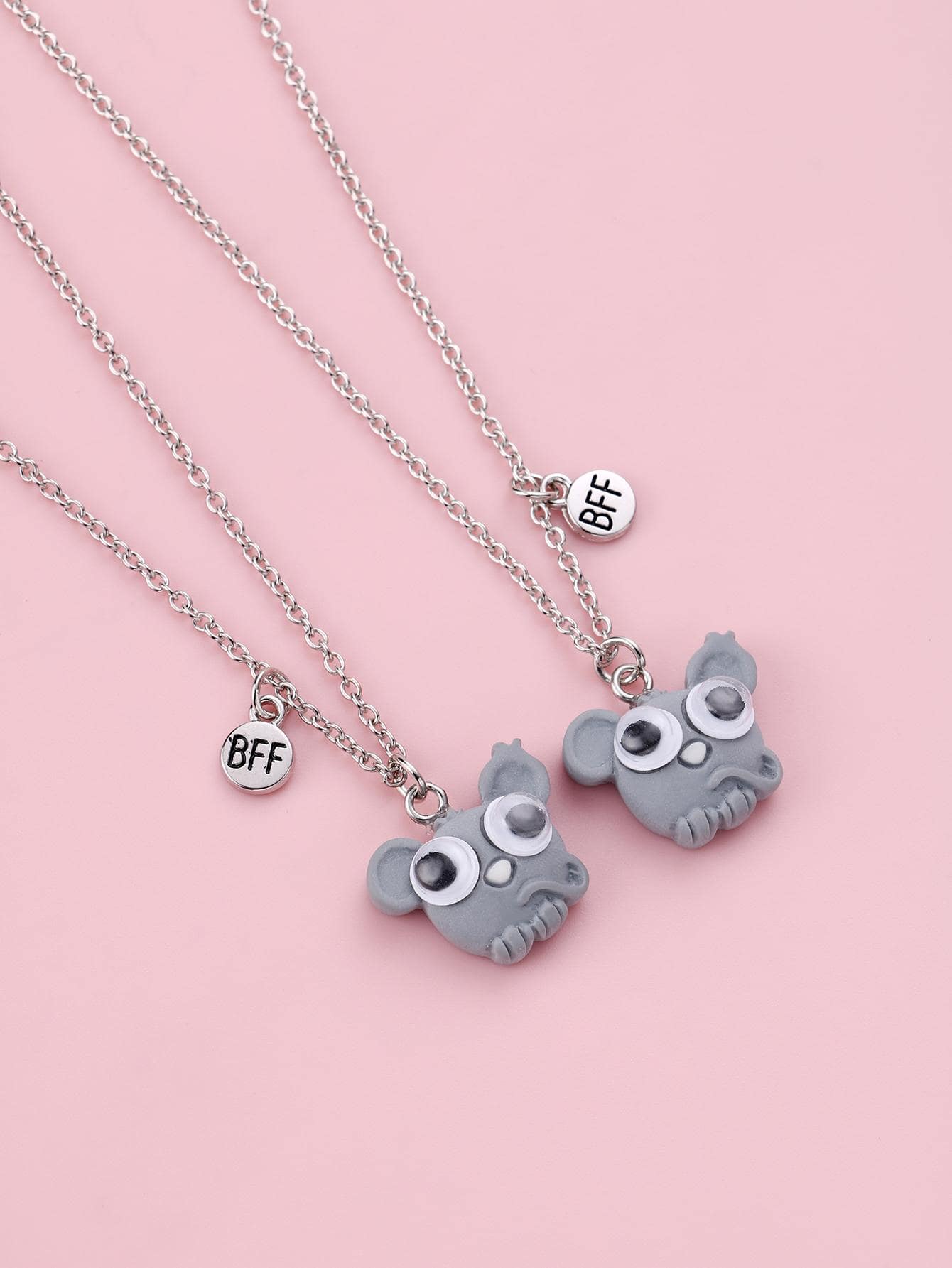 2pcs Toddler Girls' Cartoon Mouse Shaped Resin Pendant Necklace, Grey, Suitable For Everyday Wear - Light Grey - View 1