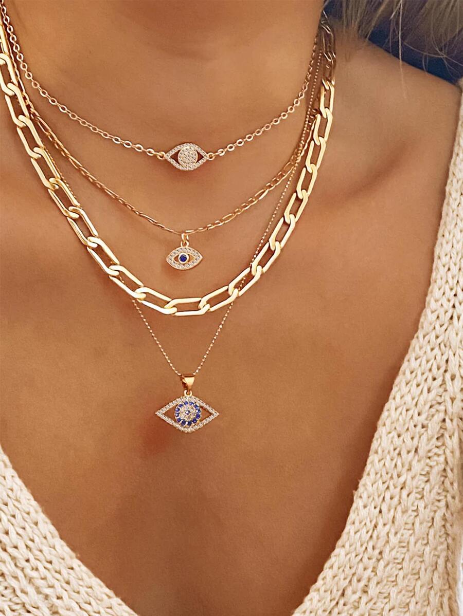 1pc Vintage Fashionable Eye & Rhinestone Decor Multilayered Necklace For Women - Yellow Gold - View 1