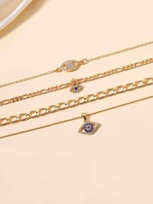 1pc Vintage Fashionable Eye & Rhinestone Decor Multilayered Necklace For Women - Yellow Gold - View 4