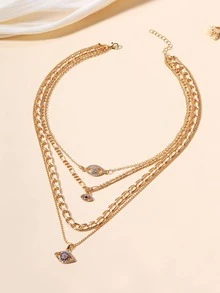 1pc Vintage Fashionable Eye & Rhinestone Decor Multilayered Necklace For Women - Yellow Gold - View 2