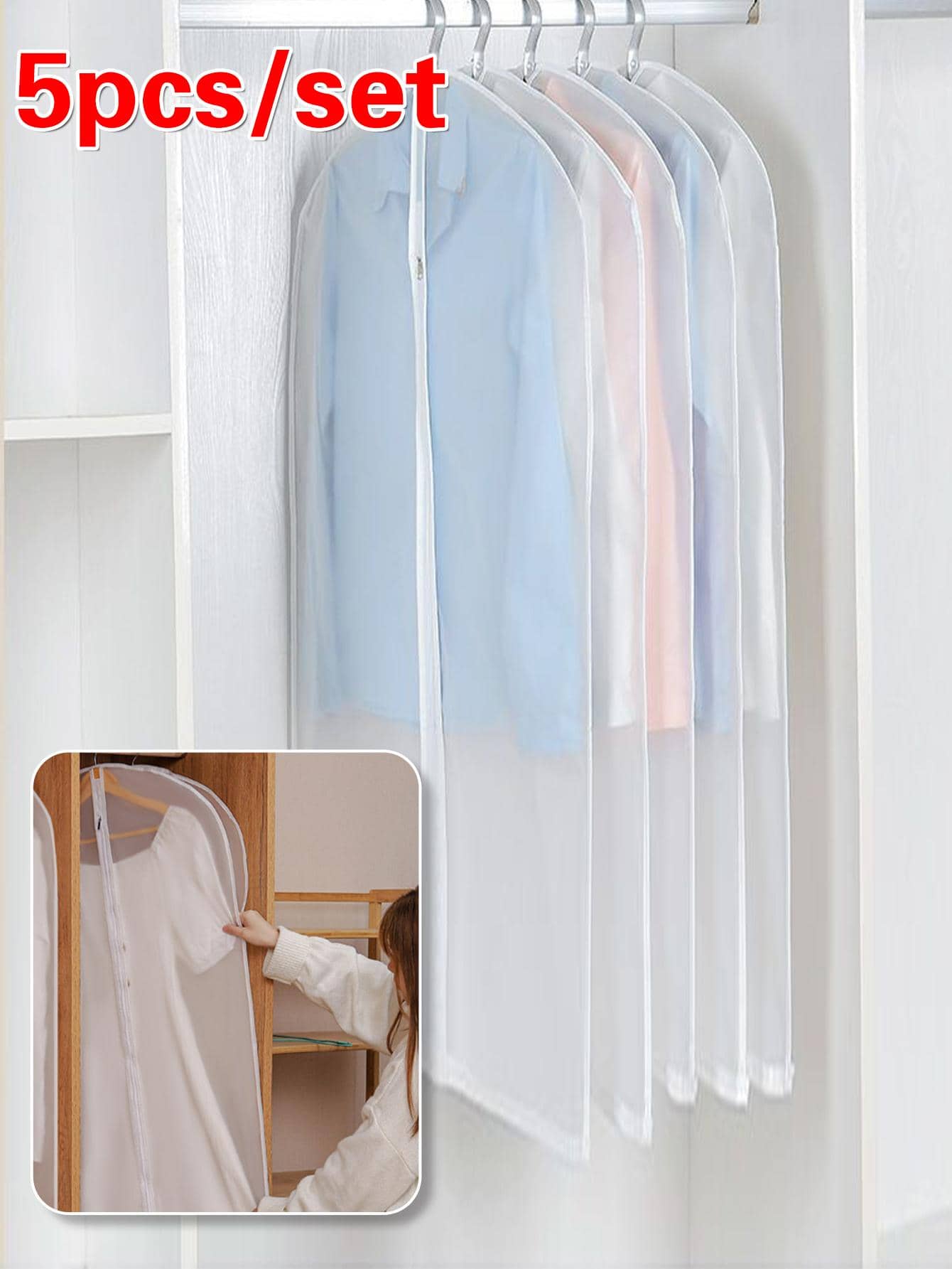 5入組透明衣物防塵套婚紗套衣罩西裝外套收納袋衣服掛件防塵衣套衣物保護套全封閉收納袋 - 無色 - 查看 1