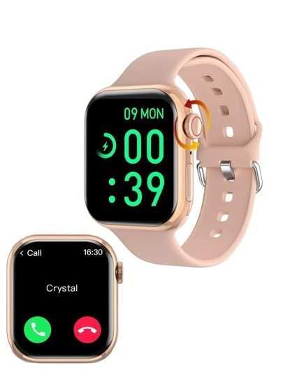 1入組藍牙連接運動型男女智慧手錶，粉色矽膠錶帶，2.05英寸全觸控方形螢幕，心率監測和通話功能，與Android/IOS iPhone兼容