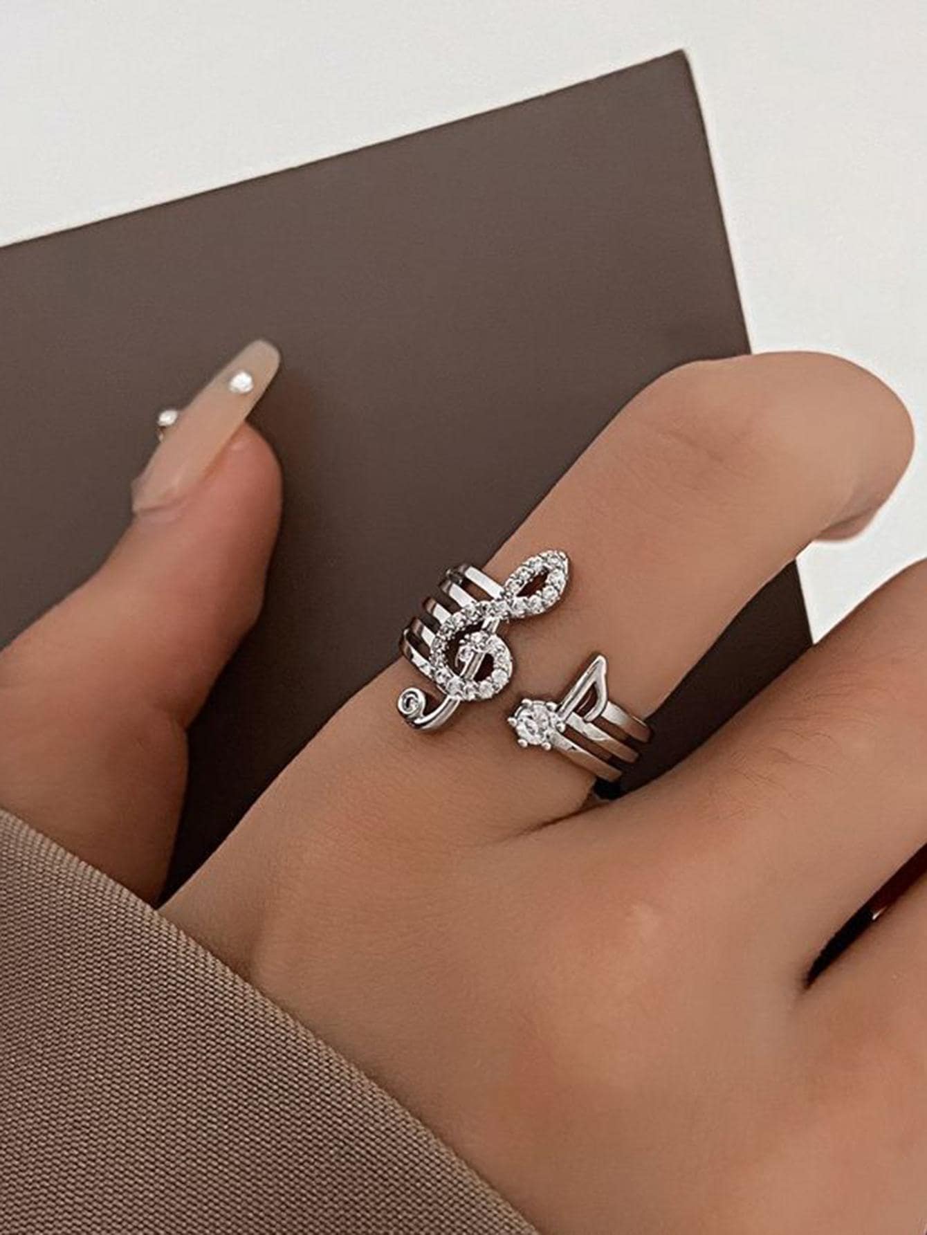 1 pieza Anillo de nota musical geométrica, anillo de nota musical de plata personalizado de moda con piedra de circonita, anillo abierto geométrico para mujer, adecuado para fiesta, bar, uso casual diario - Plateado - Ver 1