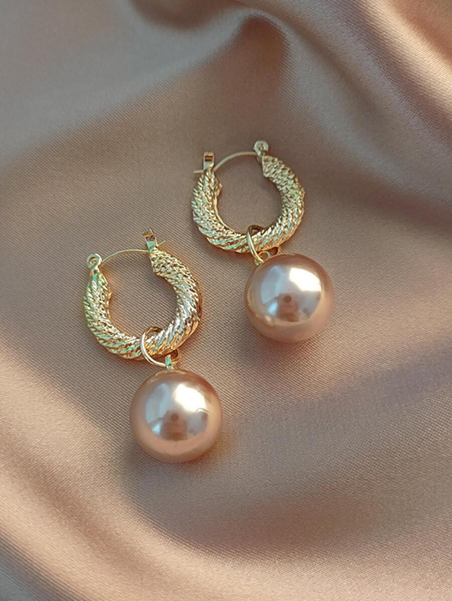 Bông tai thả ngọc trai giả - Vàng - Xem 1