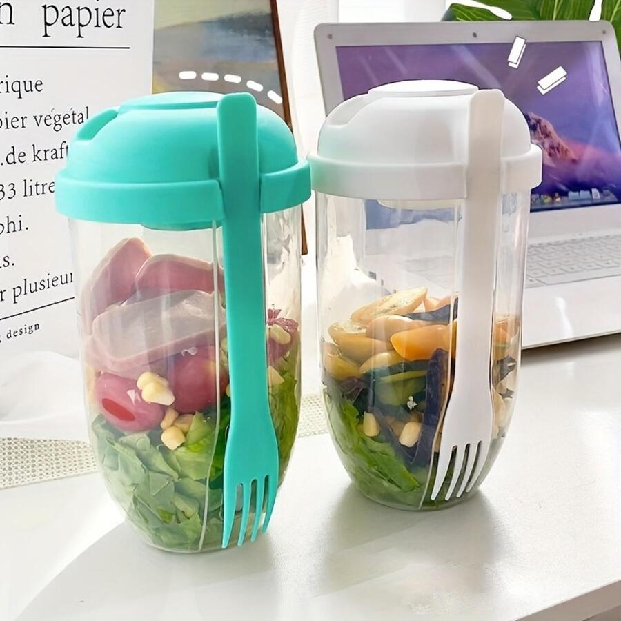 Salad cup and fork set, salad meal shaker cup, PP material healthy salad container, picnic lunch breakfast salad cup, kitchen gadgets, party party date outing salad cup - Green - View 1