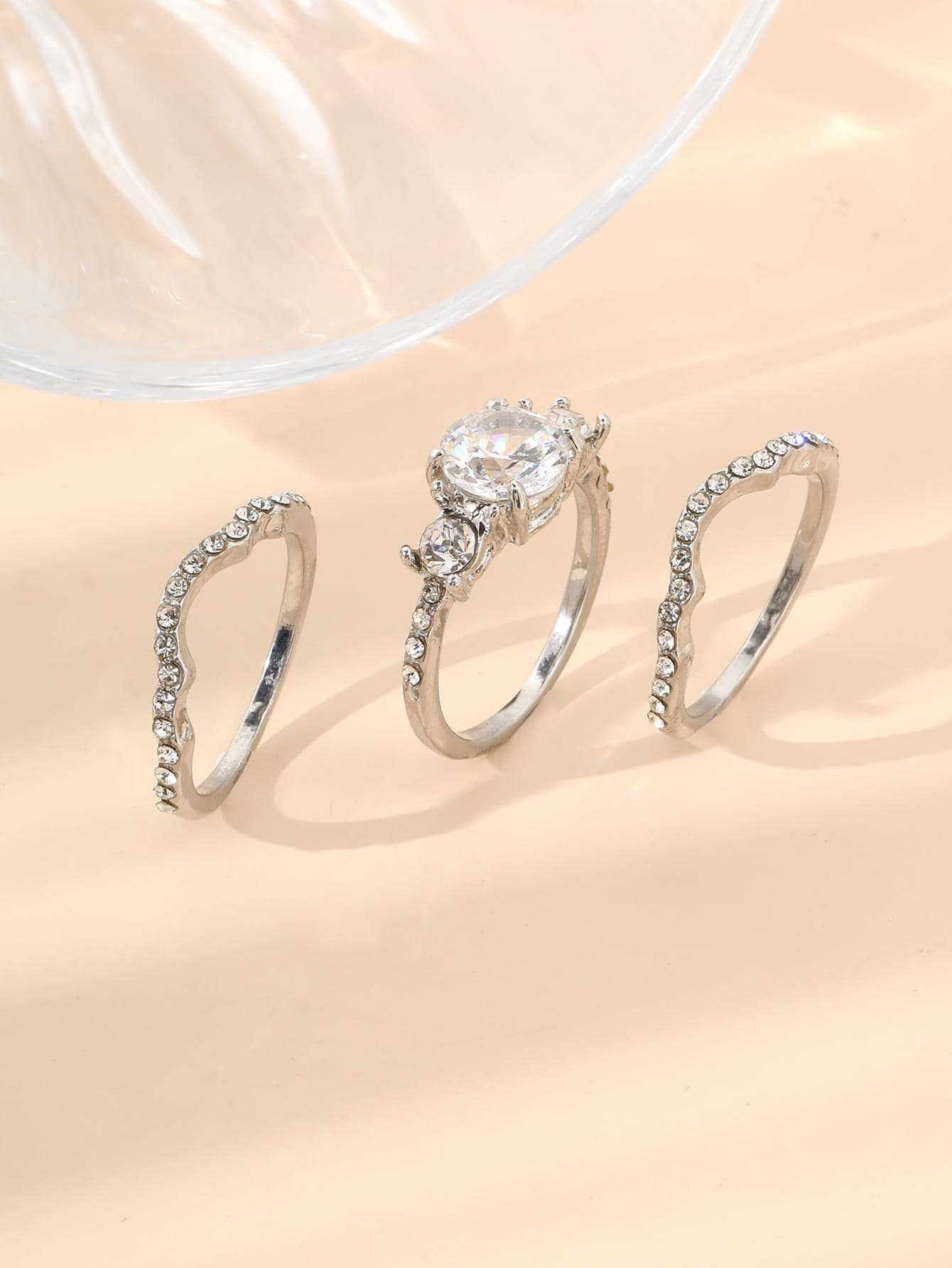 3 cái/bộ Nhẫn Trang Trí Đá Cubic Zirconia - Bạc - Xem 1
