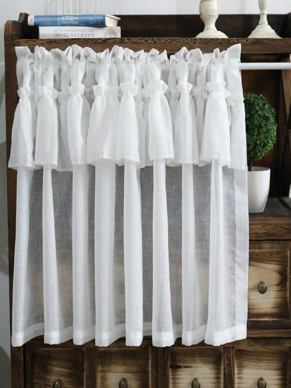 1pc Plain Ruffle Trim Window Curtain, White Polyester Double Layer Door Curtain For Home Decor
