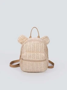 Mini Beige Vacation Style Woven Straw Backpack - Beige - View 1