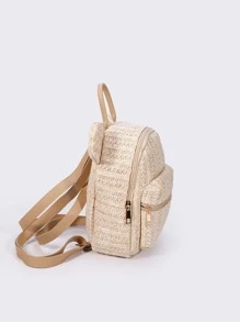 Mini Beige Vacation Style Woven Straw Backpack - Beige - View 3
